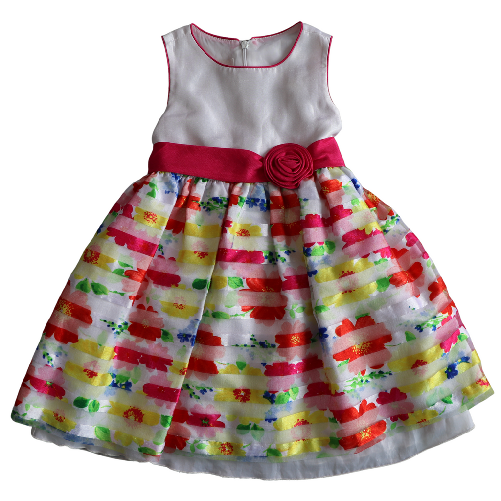 Vestido elegante blanco con rosa fiusha, falda de colores, American Princess 3 años