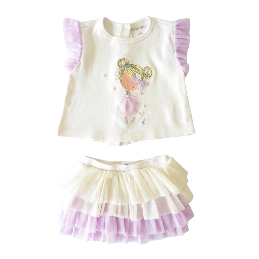 Conjunto Playera y Falda pañalero Tutu Blanco con Lila, George, 18 meses