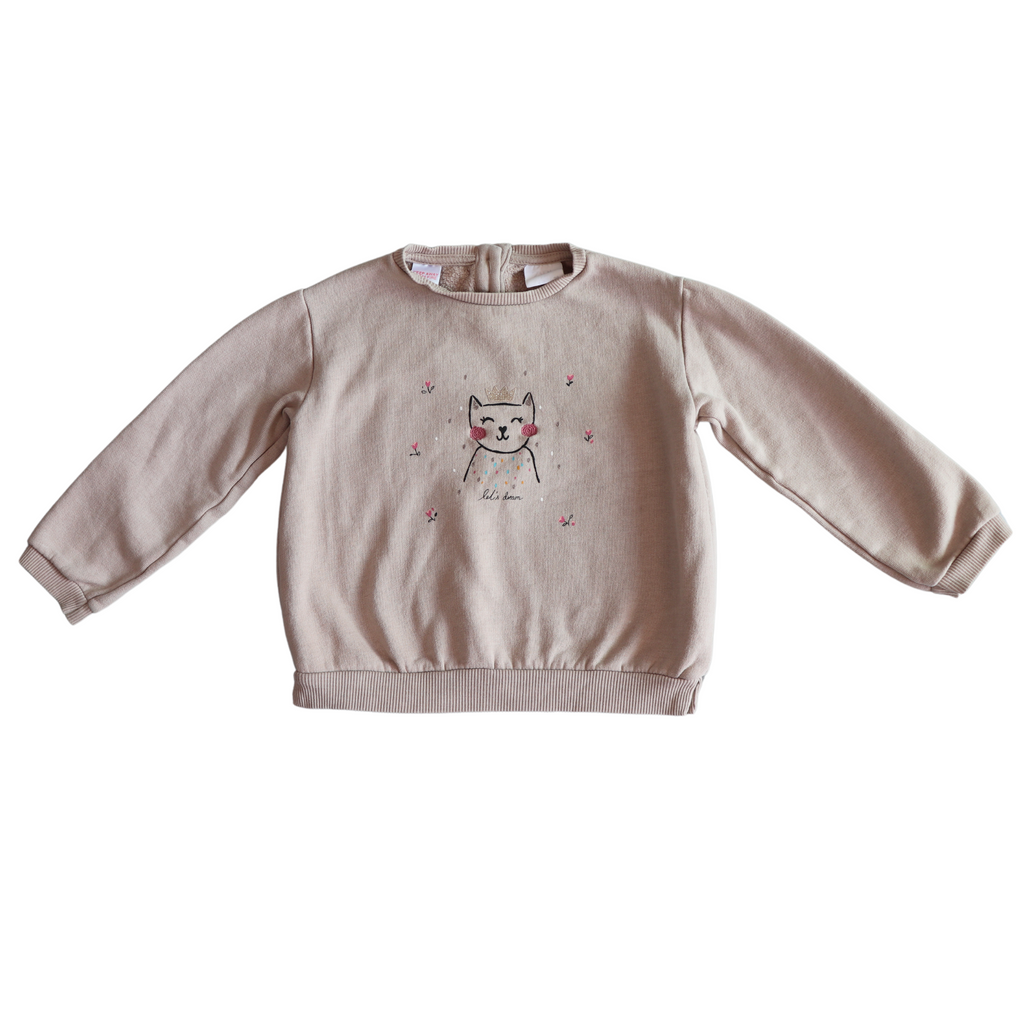 Sudadera niña caqui con gatito, Zara, 2 años a 3 años